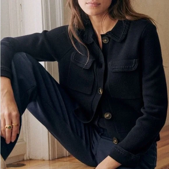 Sezane Betty Cardigan Navy Button-Front Wool Cardigan Jacket - Picture 2 of 7